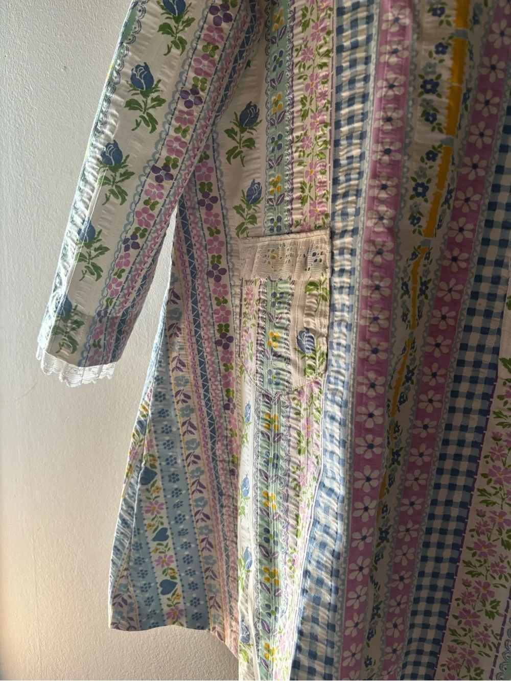 Genuine Vintage 70’s Floral Patchwork Dress in Pastel Yellow, Blue & Pink